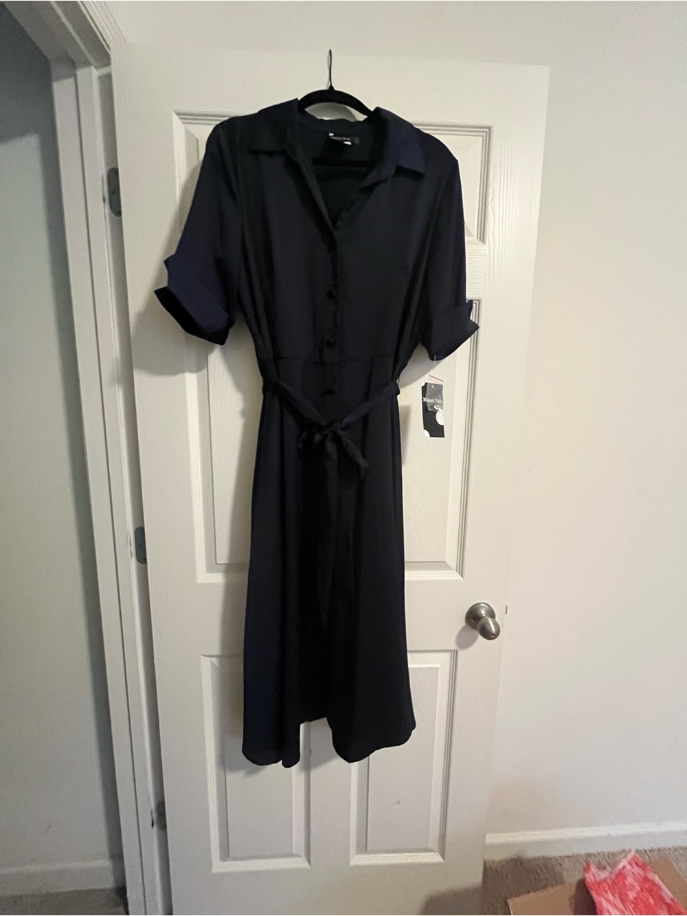 Maison Tara Navy Midi Shirt Dress with Tie Waist